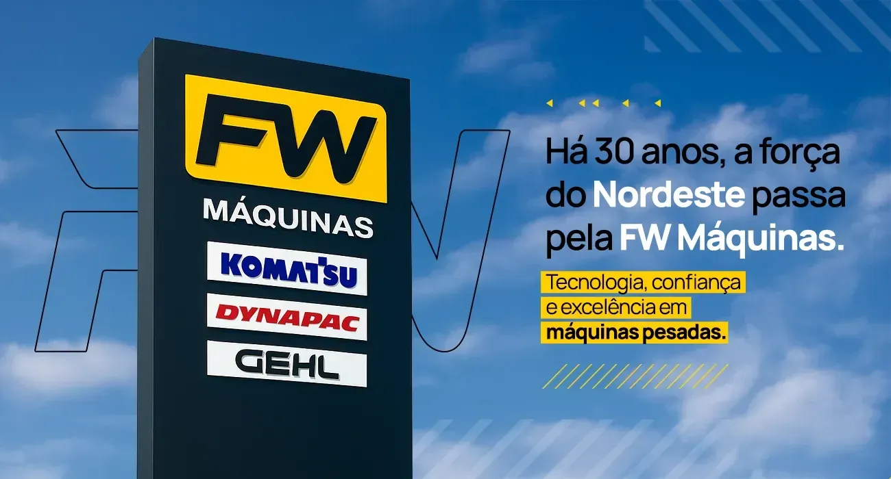 Totem da FW Máquinas com os logos Komatsu, Dynapac e Gehl