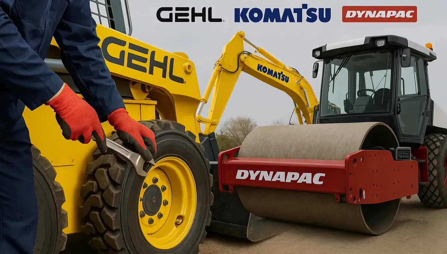 Mecânico da FW Máquinas em atendimento, ao lado de uma minicarregadeira Gehl, uma escavadeira Komatsu e um rolo compactador Dynapac