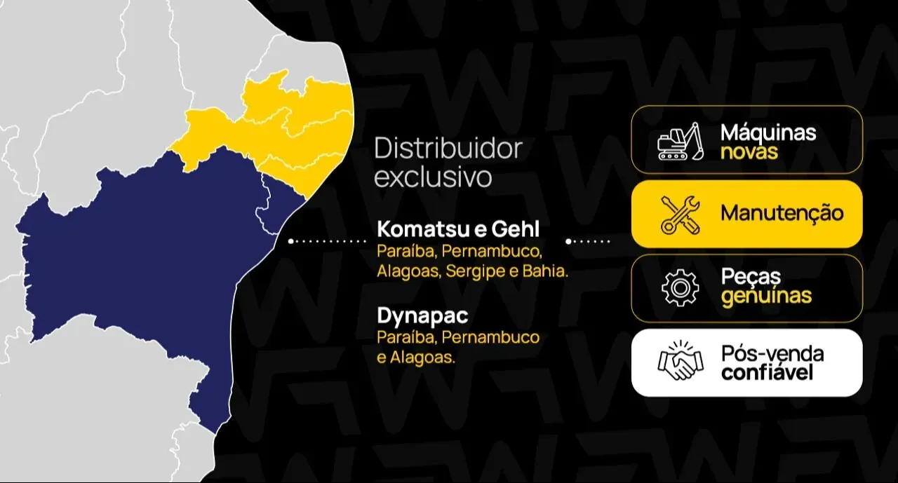 Mapa do Nordeste com o território de distribuição exclusiva: Komatsu e Gehl em Paraíba, Pernambuco, Alagoas, Sergipe e Bahia; Dynapac em Paraíba, Pernambuco e Alagoas. À direita, os selos Máquinas novas, Manutenção, Peças genuínas e Pós-venda confiável.