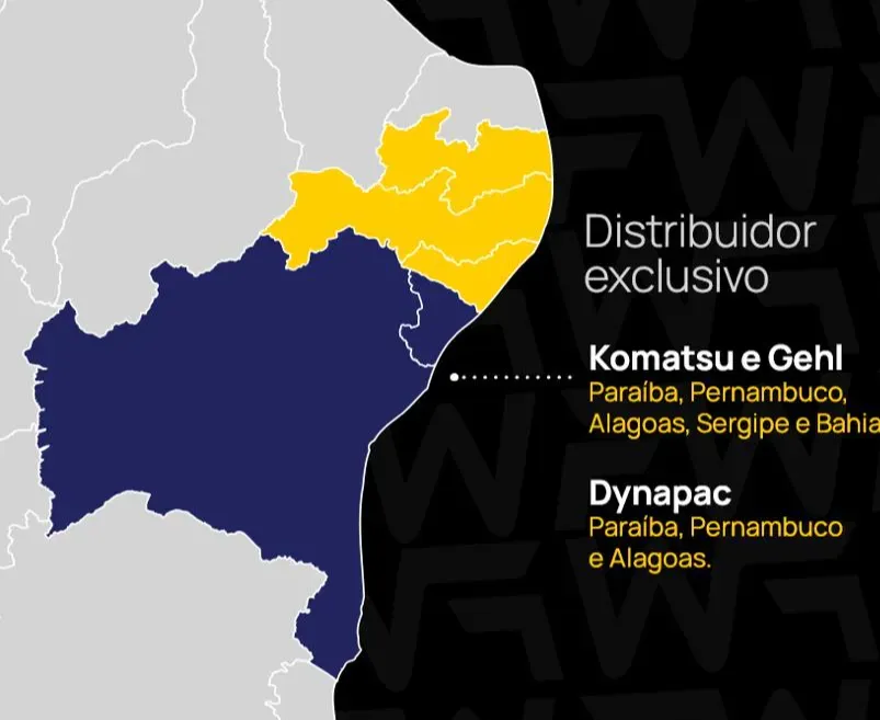 Mapa do Nordeste: a FW Máquinas é distribuidora exclusiva de Komatsu e Gehl na Paraíba, Pernambuco, Alagoas, Sergipe e Bahia, e de Dynapac na Paraíba, Pernambuco e Alagoas.